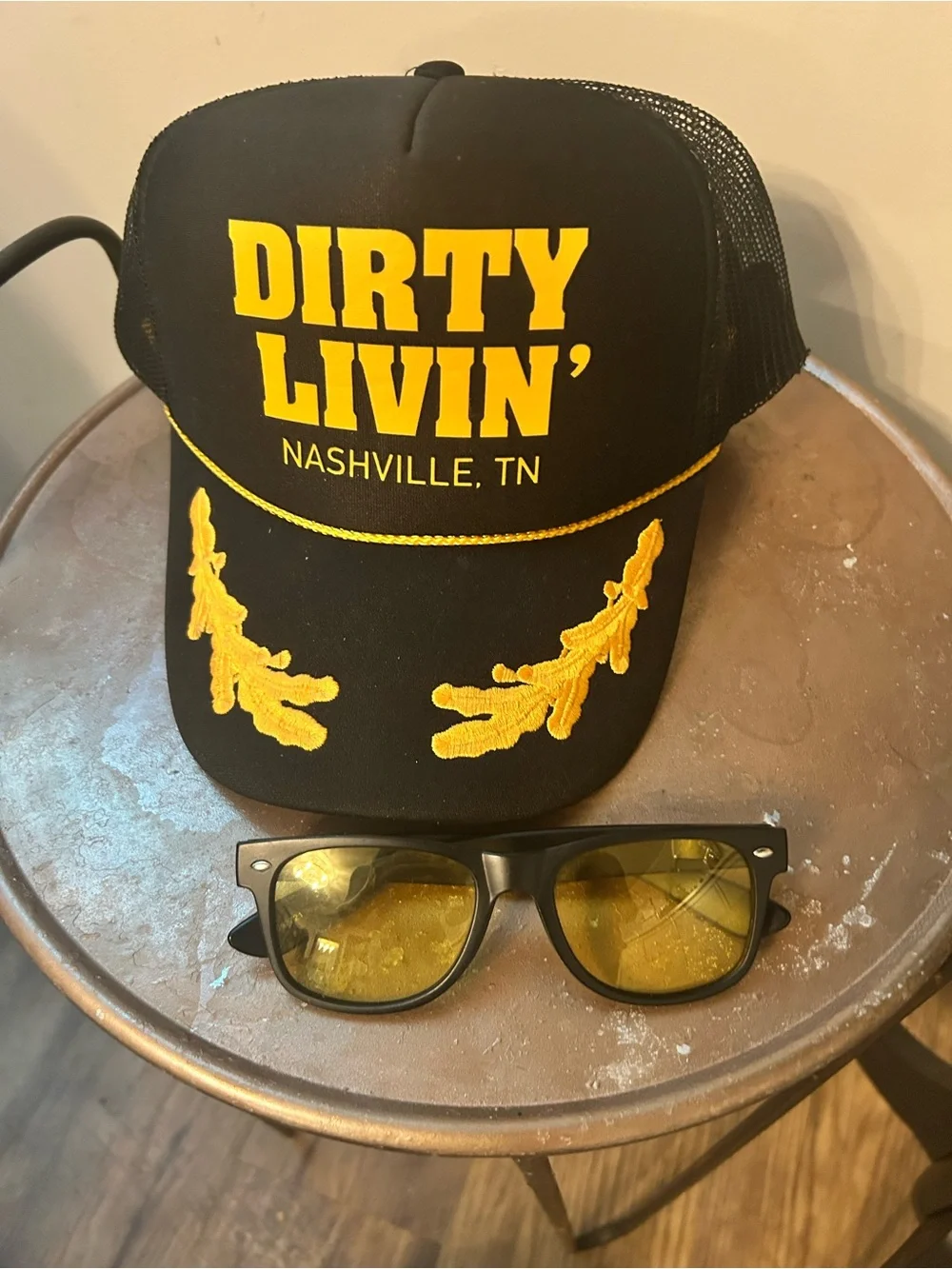 Dirty Livin' Nashville Trucker Hat black & Gold  yellow tinted glasses